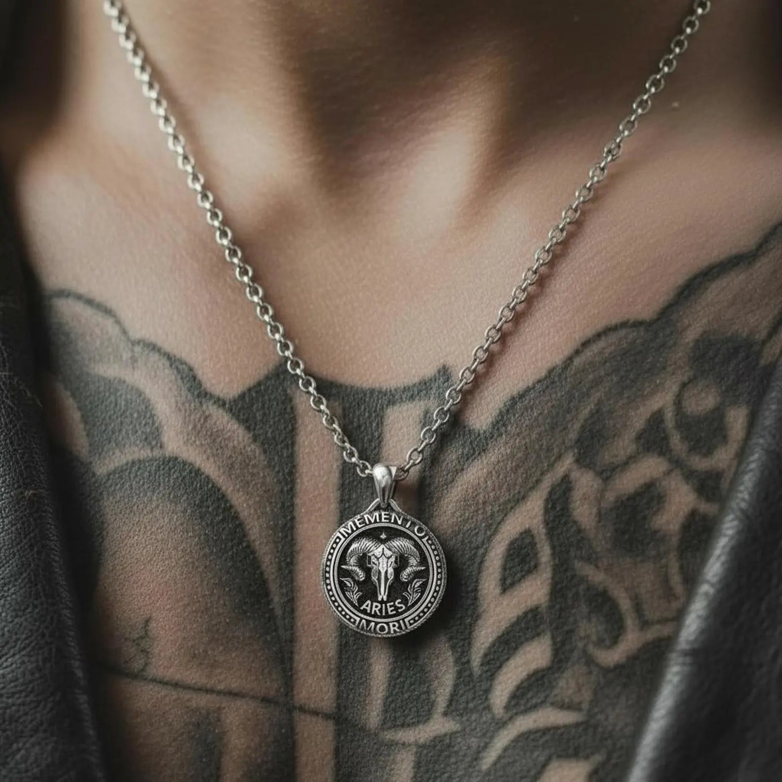 Handcrafted Gothic Aries zodiac necklace for men, featuring a powerful goat symbol in sterling silver, spiritual Memento Mori jewelry with masculine gothic style.