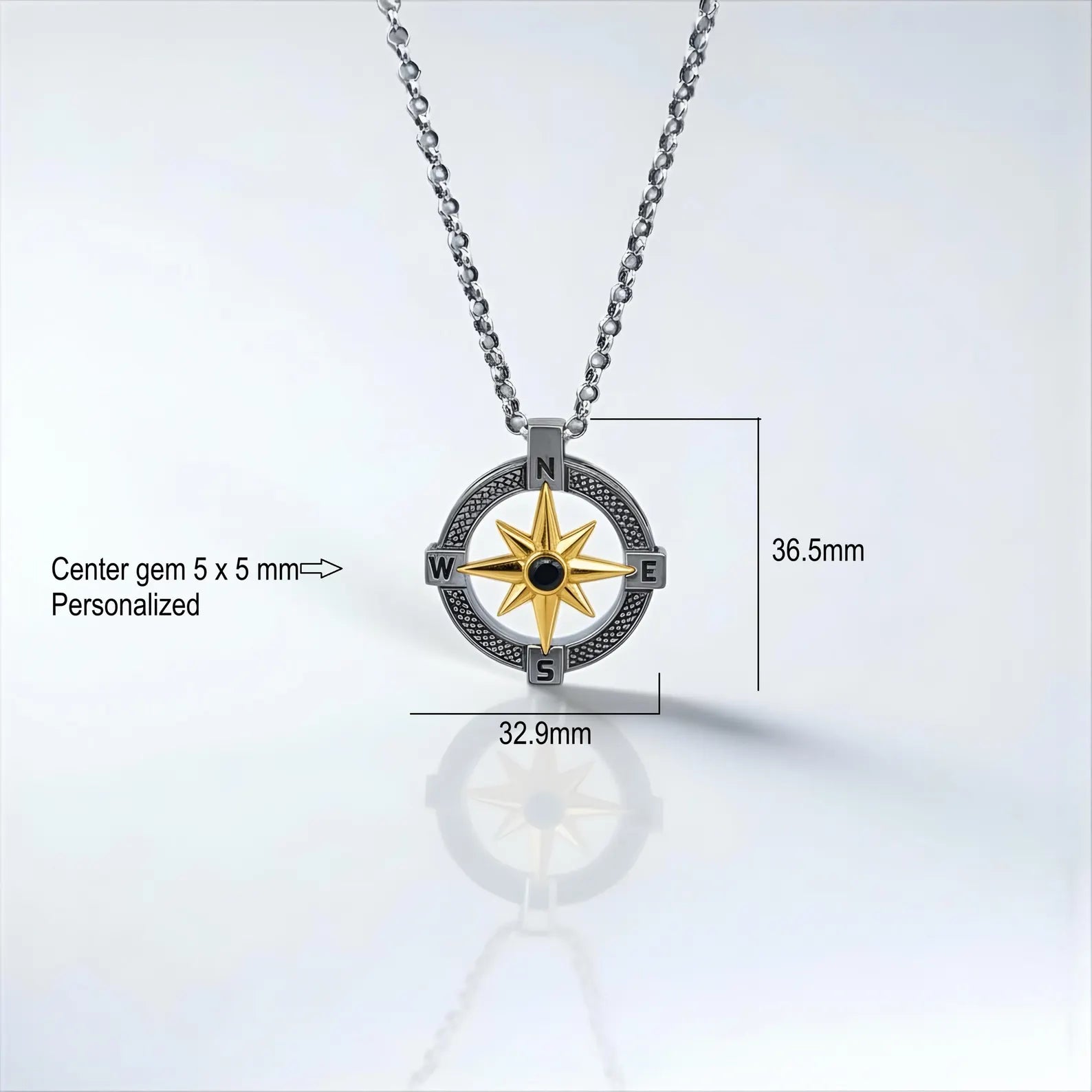 Handcrafted nautical compass pendant with gold north star in oxidized sterling silver, unique men’s statement necklace