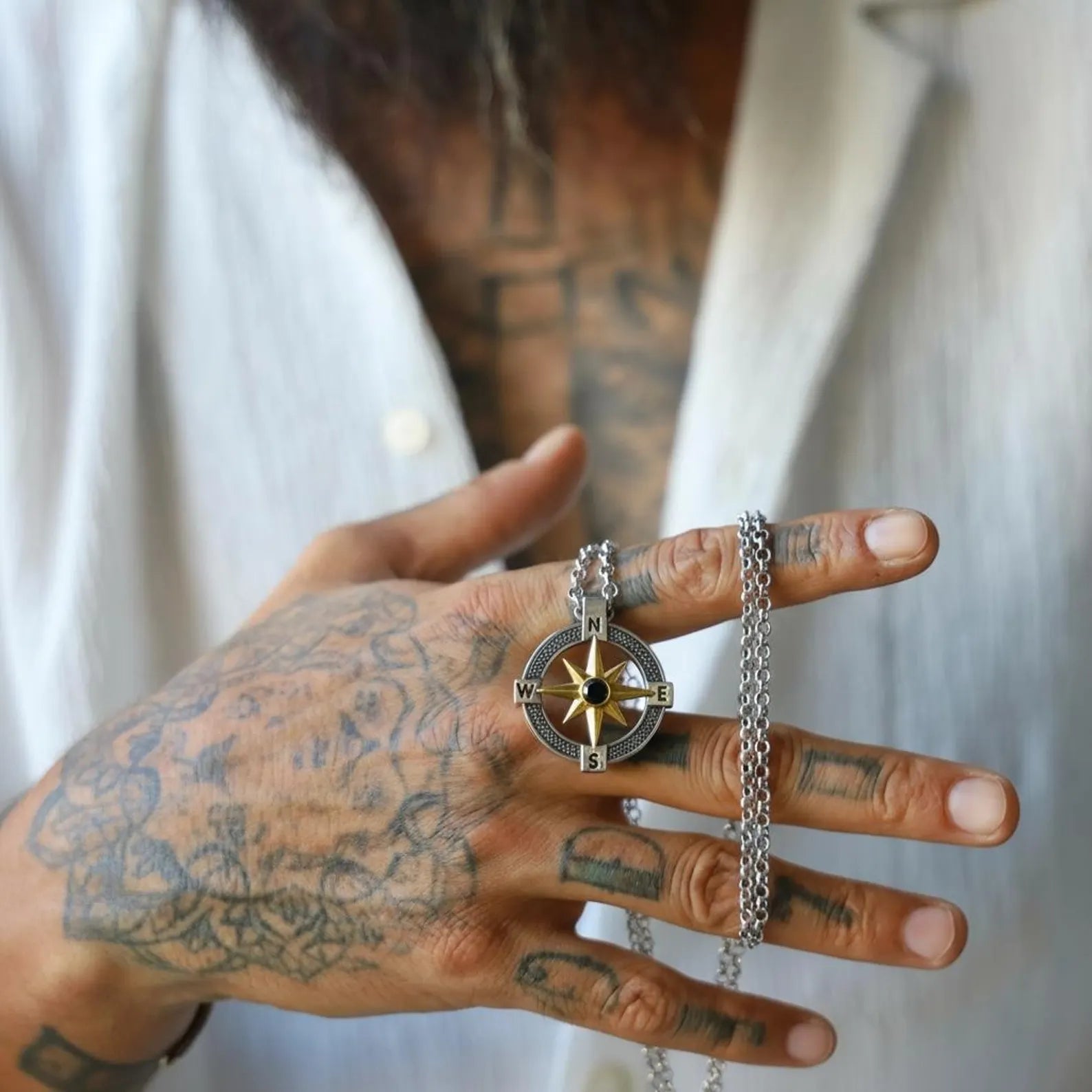 Personalized compass necklace for men in sterling silver with north star accent, meaningful ocean themed jewelry gift