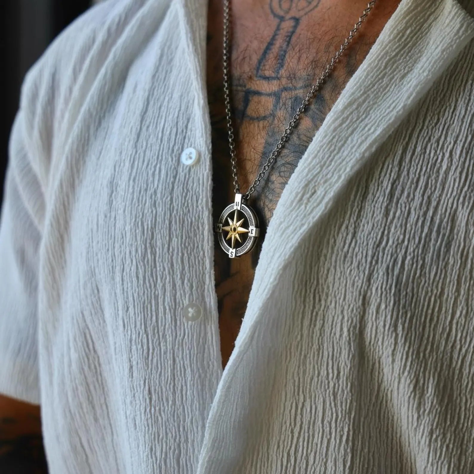 Ocean inspired compass pendant necklace made of 925 sterling silver with gold north star, personalized gift for him