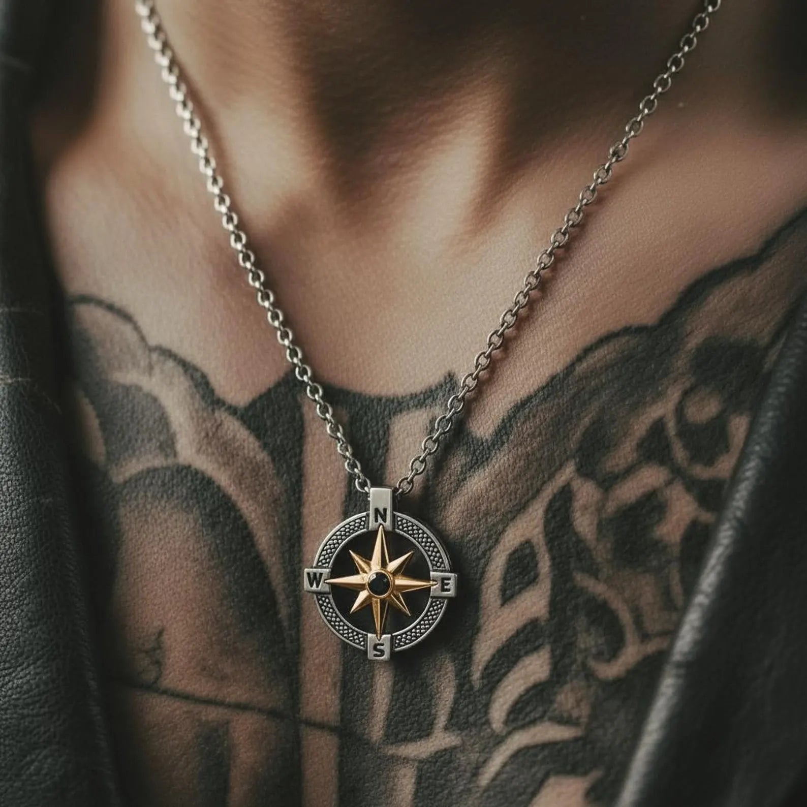 Handcrafted sterling silver compass necklace with gold north star accent, personalized men’s nautical jewelry gift for sea lovers