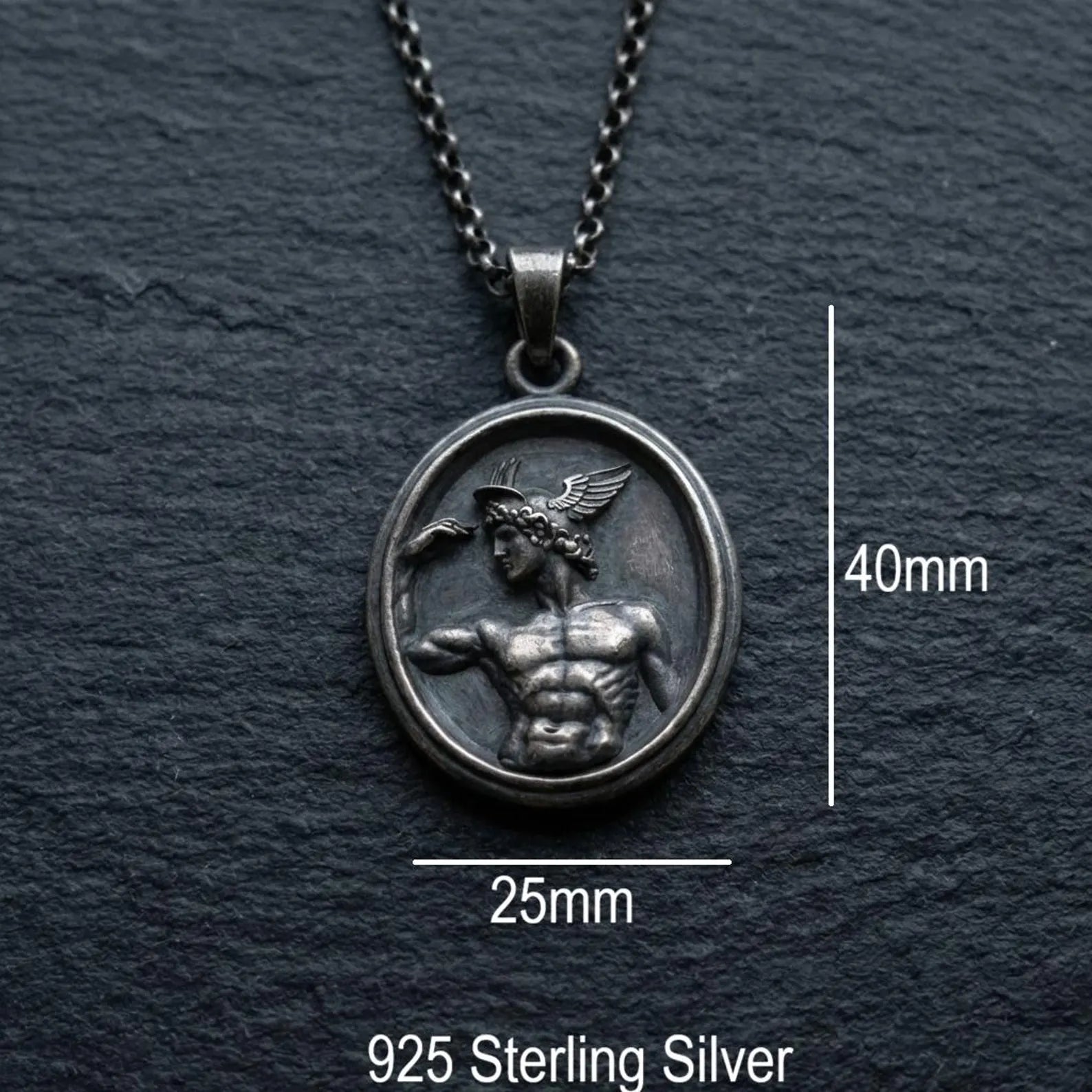 Unisex Hermes Greek god pendant necklace crafted from high quality sterling silver mythology jewelry with bold masculine aesthetic