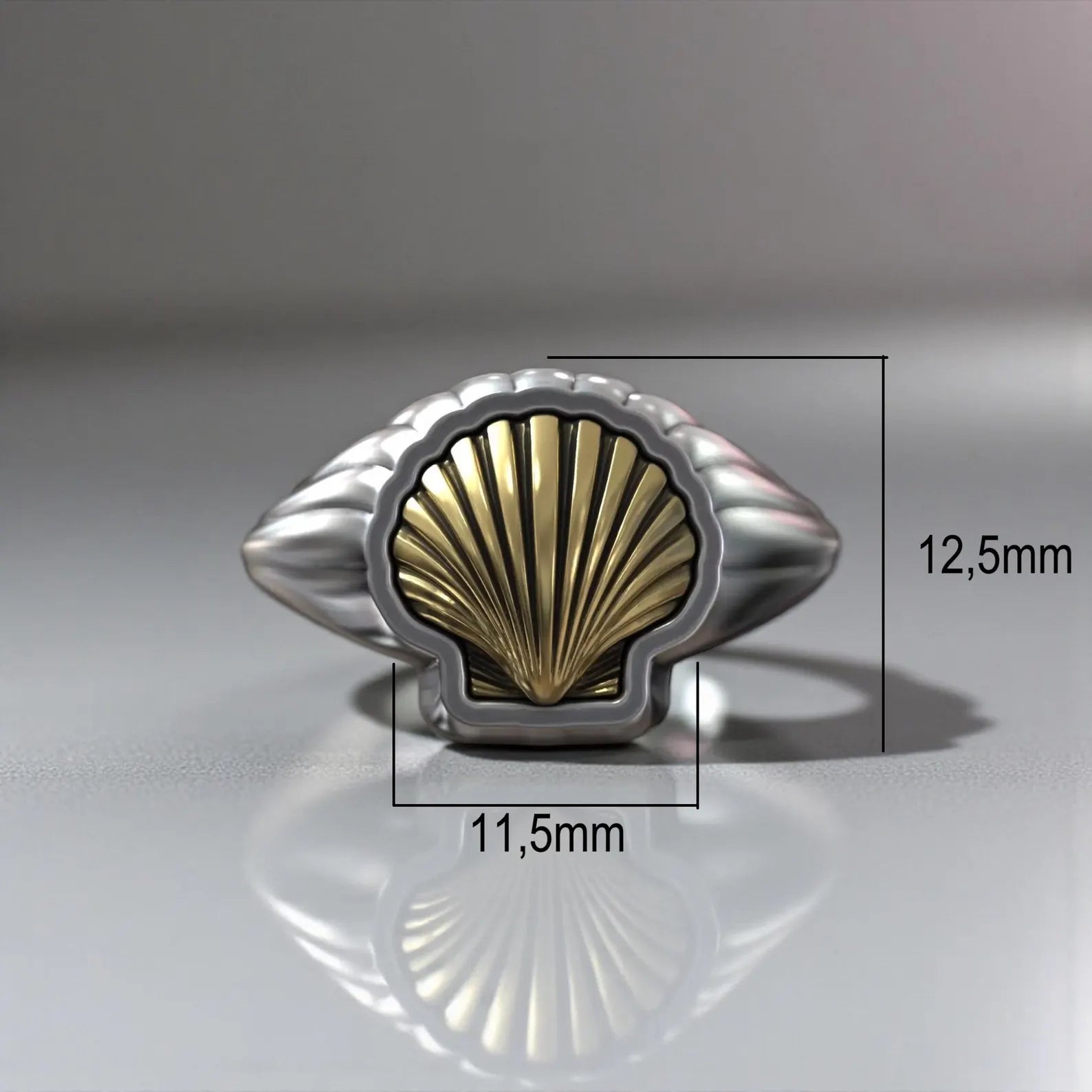 Bold nautical signet ring with seashell emblem, handcrafted sterling silver ring with gold accent for men