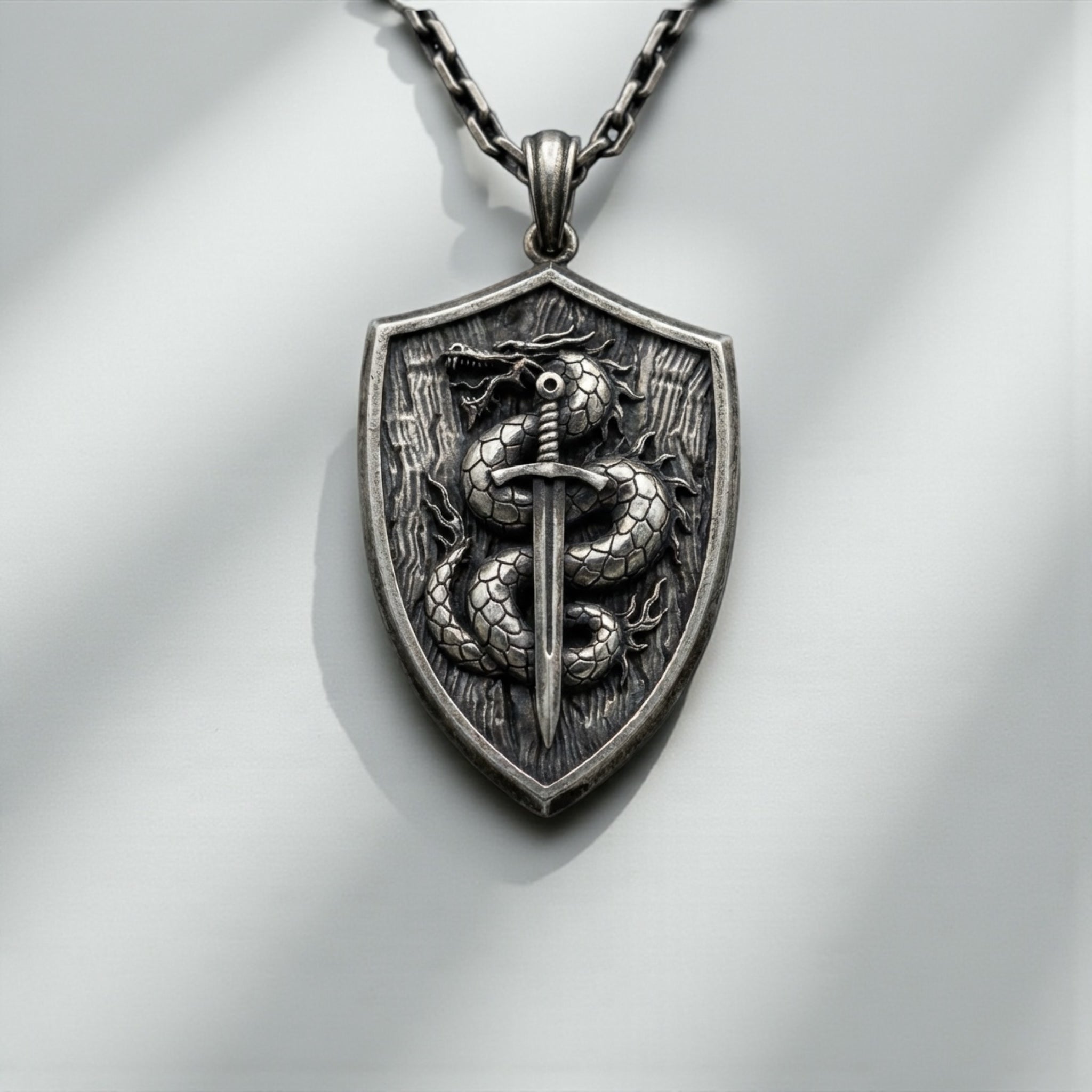 Handcrafted medieval dragon knight pendant necklace for men made from solid sterling silver bold masculine gothic warrior jewelry statement piece