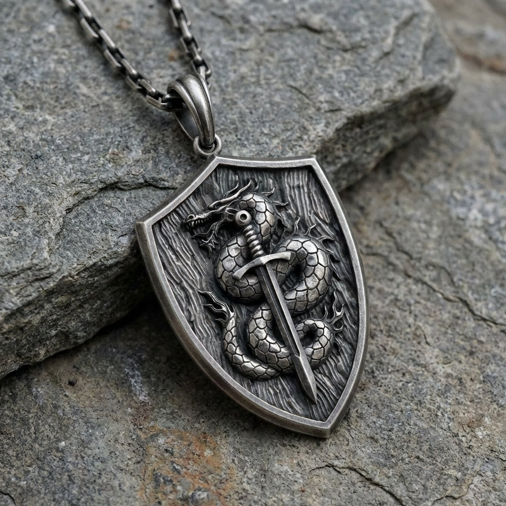 Bold gothic dragon knight pendant necklace handcrafted in 925 sterling silver medieval inspired masculine jewelry for collectors