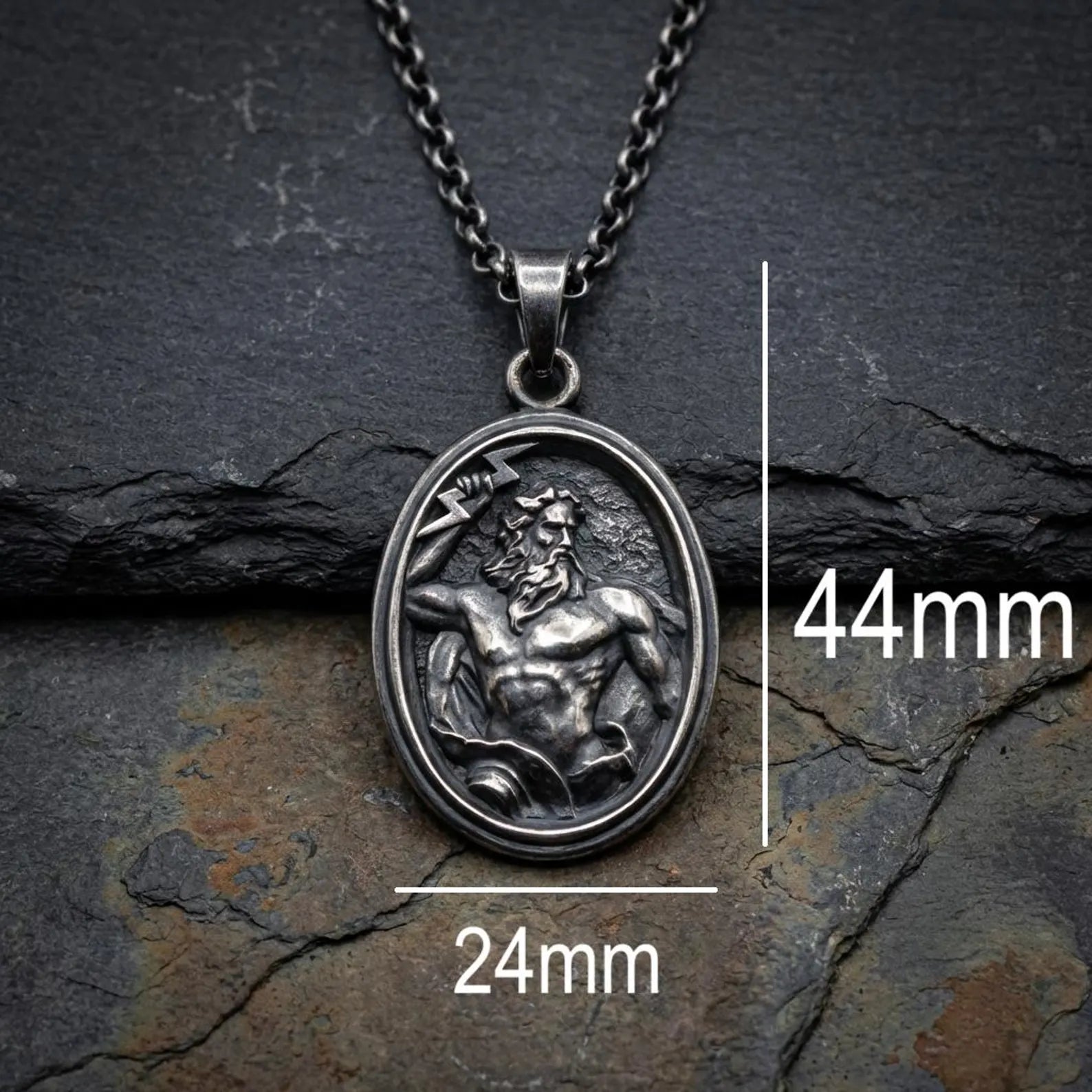 High quality sterling silver Zeus necklace with detailed relief, mythology inspired statement pendant for collectors and mythology enthusiasts